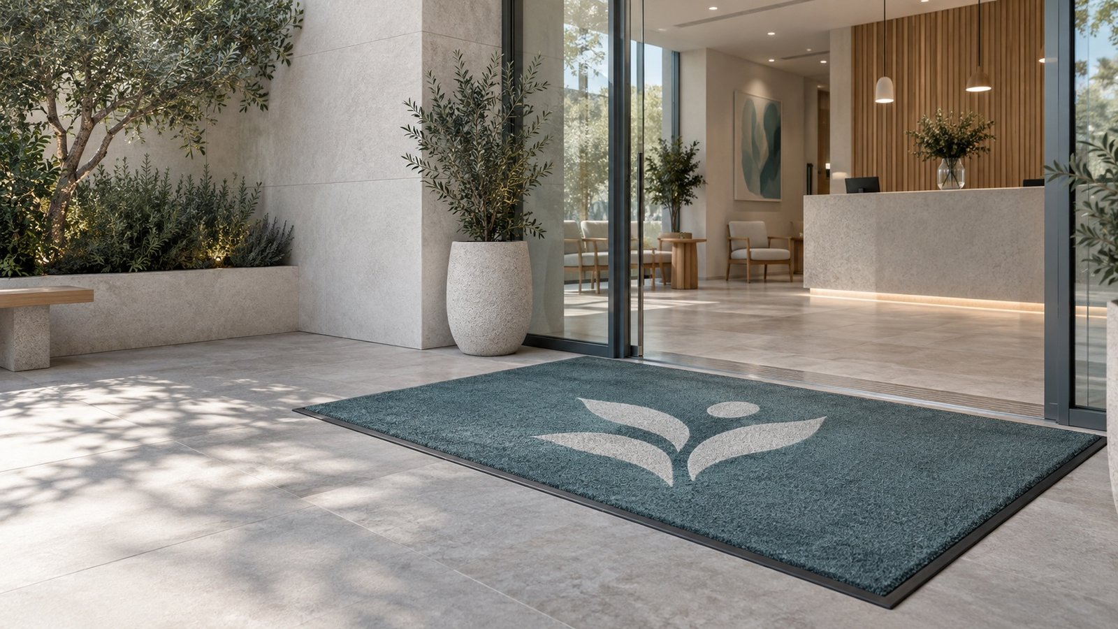 Entrada luminosa de clínica privada con felpudo verde azulado y emblema blanco de bienestar
