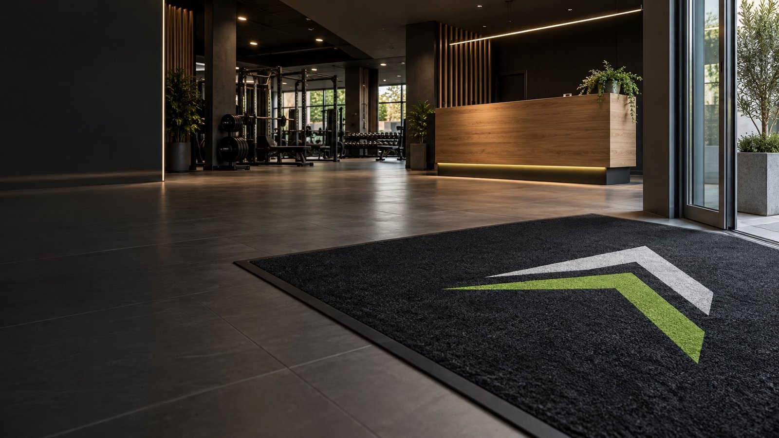 Recepción de gimnasio premium con gran felpudo negro y símbolo deportivo verde