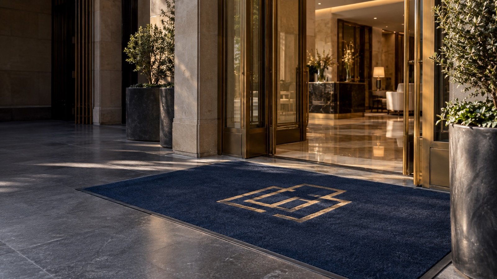 Entrada elegante de hotel con un felpudo azul personalizado con emblema dorado