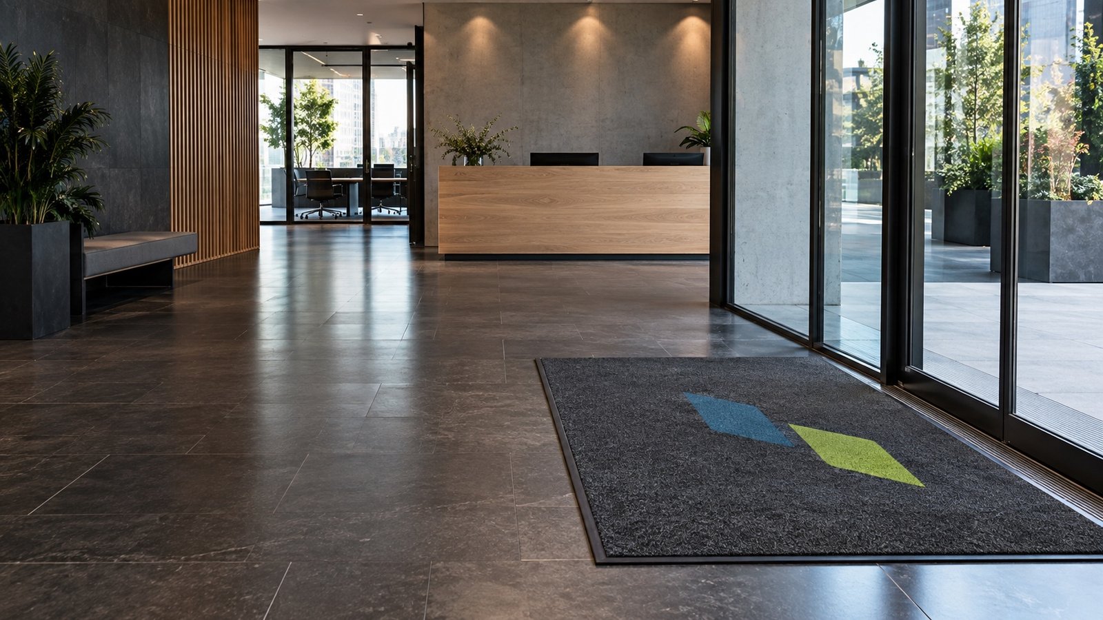 Recepción corporativa moderna con gran felpudo gris y símbolo geométrico azul y verde