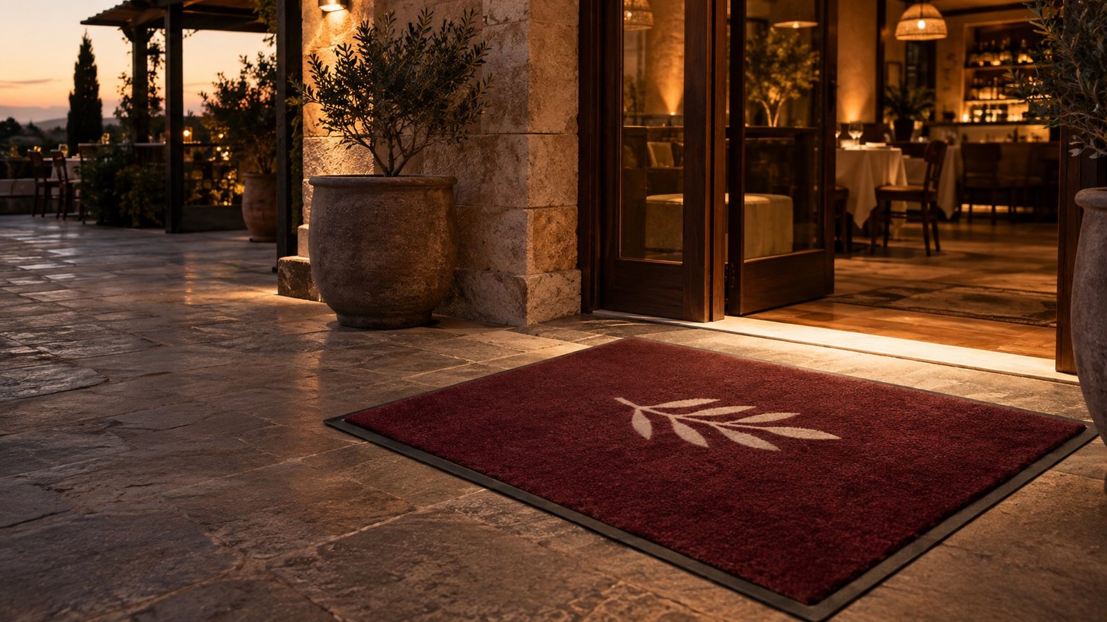 Entrada nocturna de restaurante mediterráneo con felpudo burdeos y logotipo crema