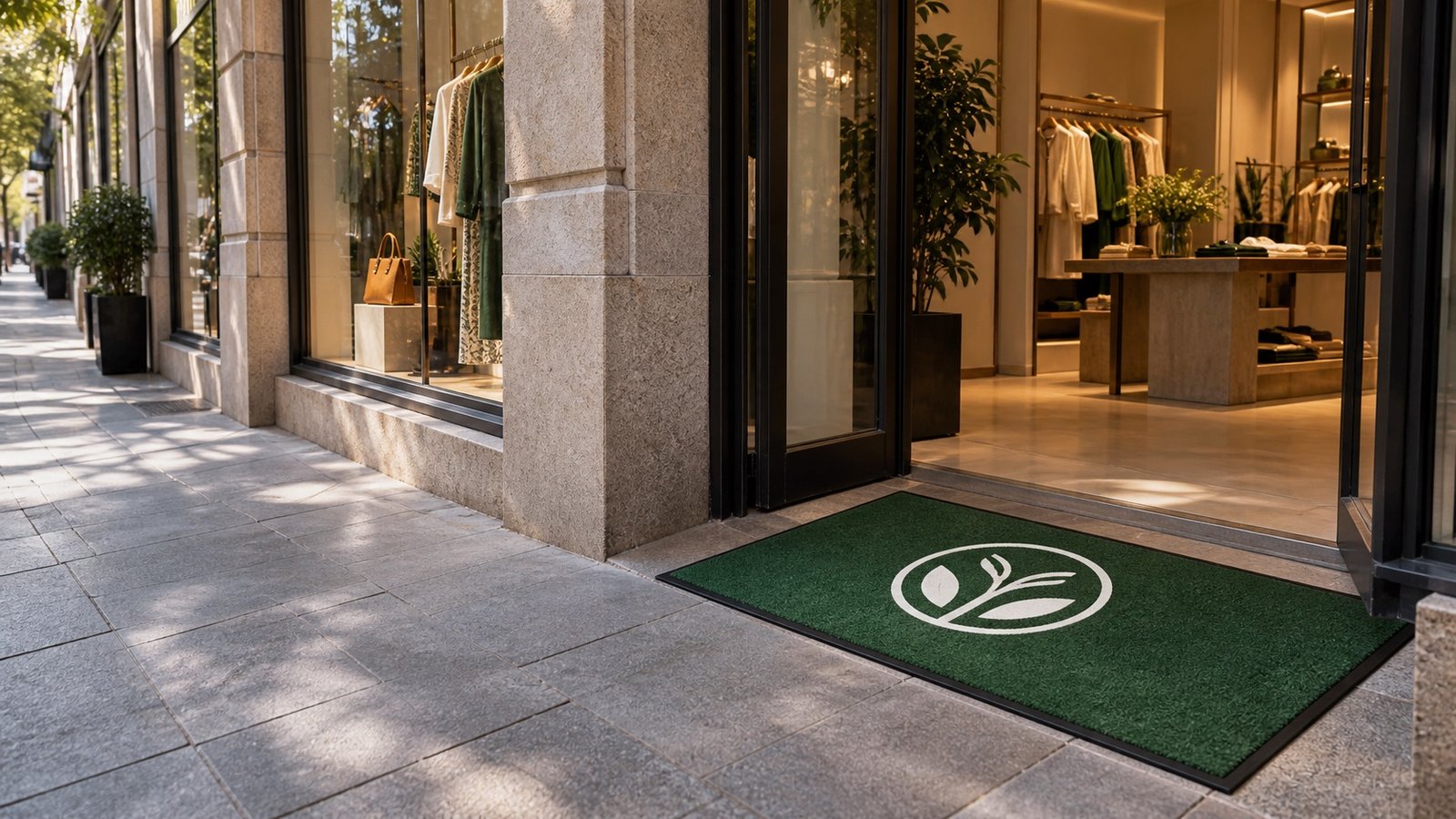 Entrada de boutique contemporánea con felpudo verde personalizado y símbolo blanco