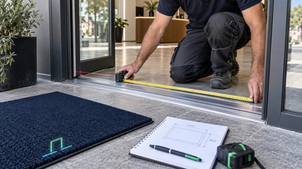 Profesional midiendo una entrada para fabricar un felpudo a medida