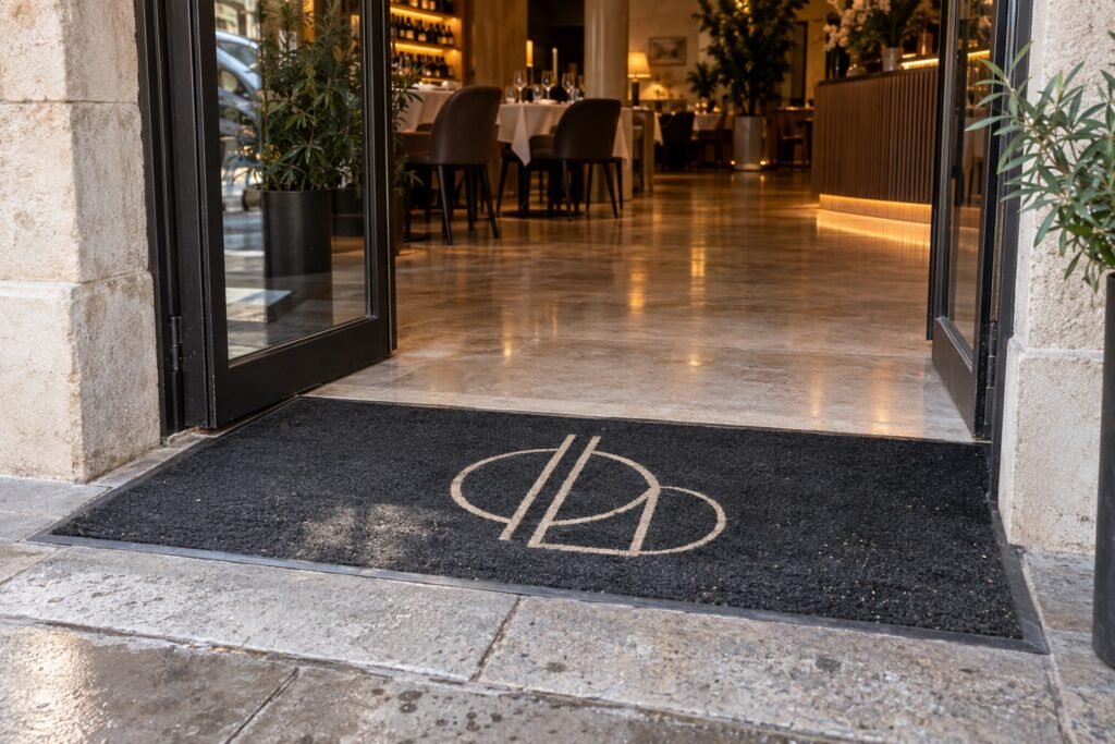 Entrada de restaurante en España con un felpudo profesional personalizado con logotipo