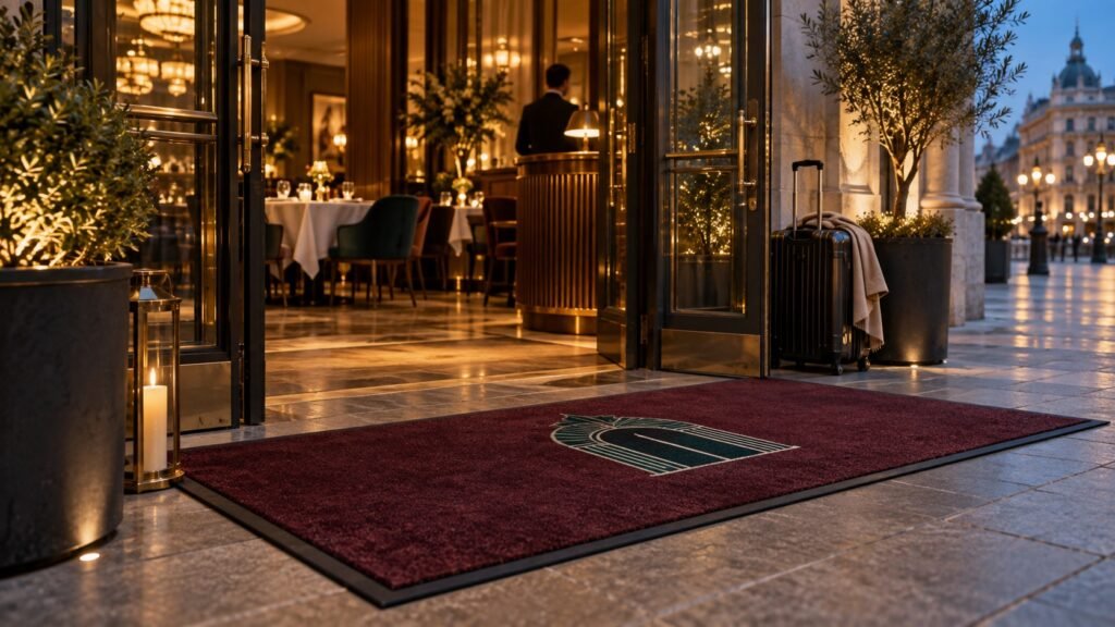 Entrada elegante de hotel restaurante con un felpudo corporativo personalizado