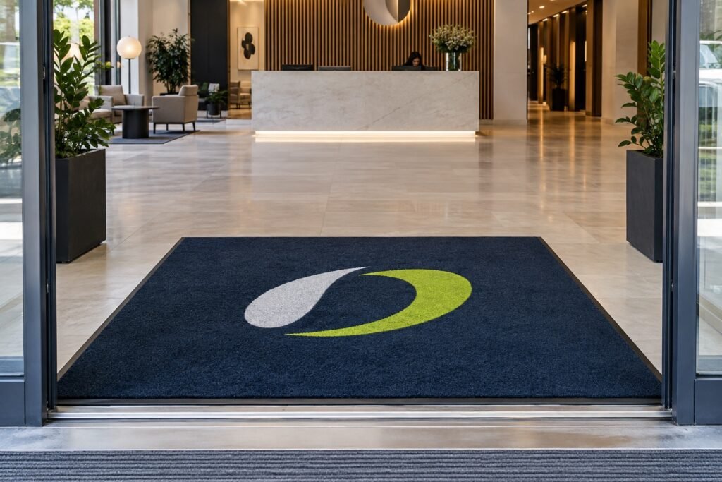Entrada corporativa moderna con un felpudo azul personalizado con logotipo