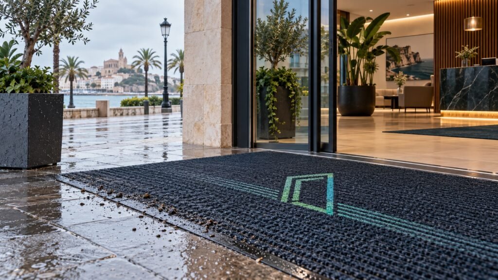Felpudo profesional en una entrada expuesta a lluvia junto a un interior seco