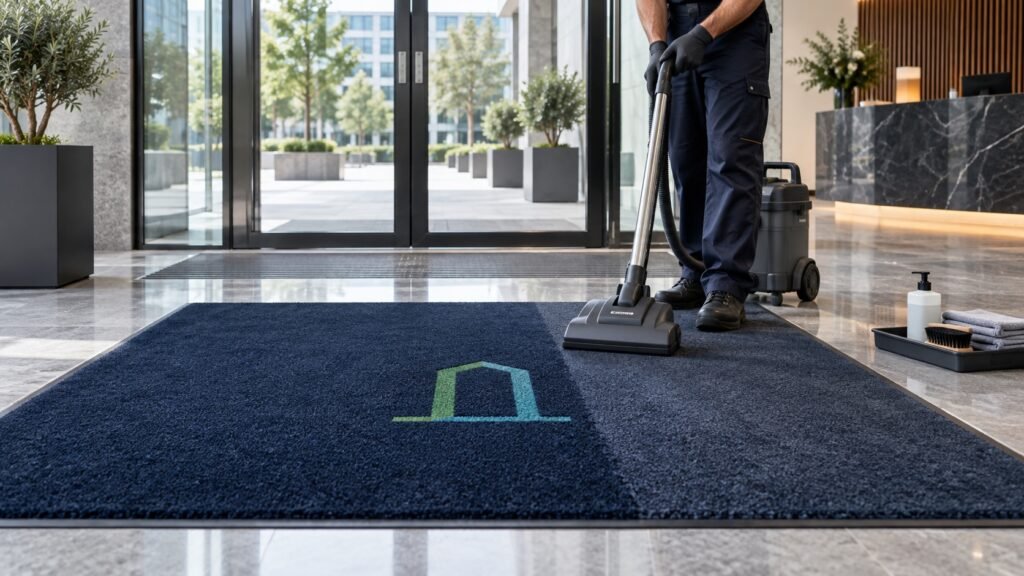 Limpieza profesional de un felpudo corporativo en la entrada de una empresa