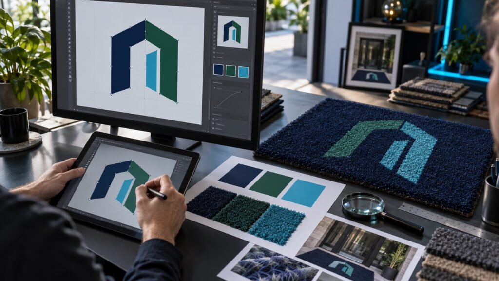 Diseñador preparando un logotipo vectorial para un felpudo personalizado