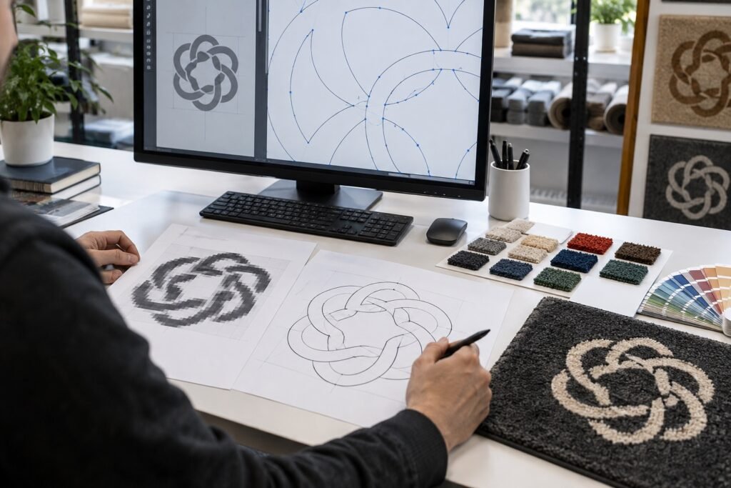 Diseñador vectorizando un logotipo complejo y preparando muestras para un felpudo personalizado